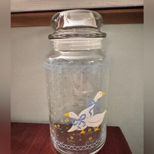 Vintage "Ribbon Geese" Large Glass Kitchen Canister with Lid